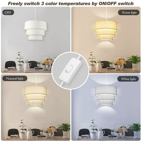 Plug In Pendant Light With Beige Linen 3-Tier Drum Shade, 15 Feet Hanging Lamp, On/Off Switch, Three Color Temperature Modes