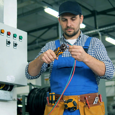 Person using Heavy Duty 3 In 1 Wire Stripper Cutter Crimping Tool Self Adjusting Jaw For 10-24 AWG in workshop setting