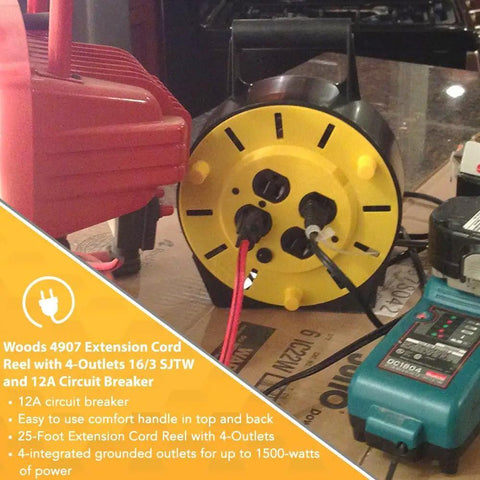 Light Duty Extension Cord Reel With Four Grounded Outlets And A Twelve Amp Circuit Breaker, Sixteen Gauge, Yellow and Black