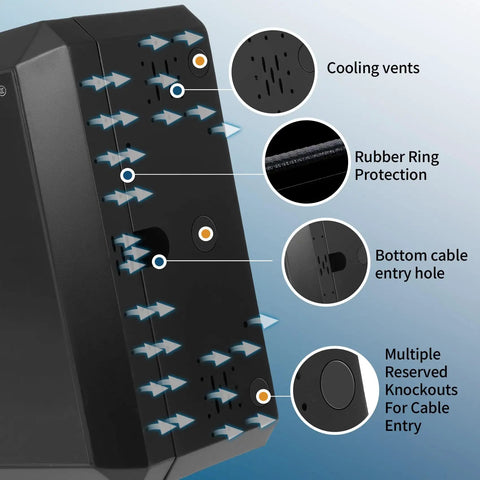 Heavy Duty Outdoor Electric Charger Lock Enclosure Wall Mount Protective Housing For Tesla And All Plug In Vehicle Stations With Multiple Cable Grommets Weatherproof features cooling vents and cable entry holes.