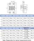 Diagram and size chart for Hidden Door Hinge Set 6 Pieces, Invisible Cross Hinge 180 Degree Folding, showing dimensions and load capacity.