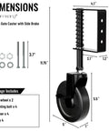 Heavy Duty 5 Inch Spring Loaded Gate Wheel Caster With Side Brake And Automatic Height Adjustment dimensions and components illustration.