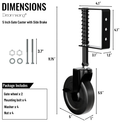 Heavy Duty 5 Inch Spring Loaded Gate Wheel Caster With Side Brake And Automatic Height Adjustment dimensions and components illustration.