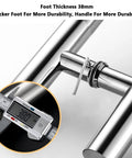 Close-up of a stainless steel shower door handle and push pull rail for home and commercial use, showing 38mm foot thickness.