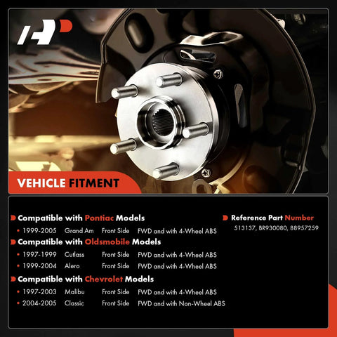 Front Wheel Bearing And Hub Assembly With ABS For 5 Lug Vehicles Compatible With Chevy Malibu 1997 To 2003 Alero 1999 To 2004 Cutlass 1997 To 1999 Grand Am 1999 To 2005 FWD, featuring steel studs, part numbers visible
