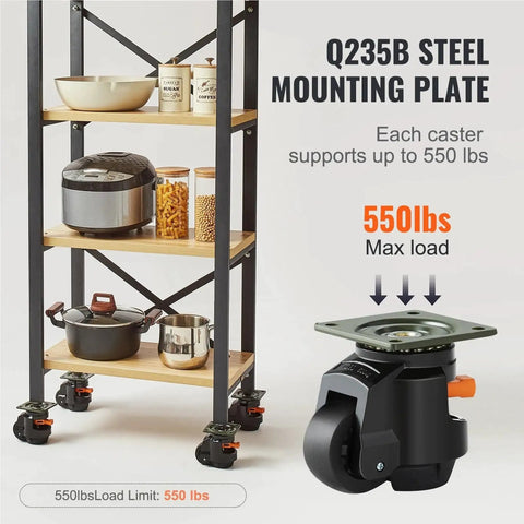 Heavy Duty 4Pc Swivel Caster Wheels Featuring Slick Rubber Pads Adjustable Height Leveling Bolts shown with maximum load capacity of 550 lbs.