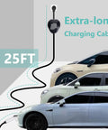 Portable Level One EV Charger With Twenty Five Foot Cord And 110 Volt Nema Socket For Hassle Free Home Charging Station Compatible With Sae J1772 Electric Cars Ready To Roll, showing charging cable attached to multiple EVs.