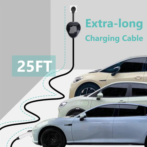 Portable Level One EV Charger With Twenty Five Foot Cord And 110 Volt Nema Socket For Hassle Free Home Charging Station Compatible With Sae J1772 Electric Cars Ready To Roll, showing charging cable attached to multiple EVs.