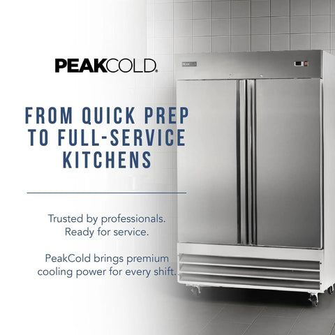 Double Door Commercial Refrigerator With 47 Cu Ft Capacity, 54 Inch Wide Stainless Steel Reach-In Upright Fridge in kitchen setting