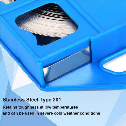 Heavy Duty 201 Stainless Steel Strapping Band 100 Foot Long 3/4 Inch Wide 0.03 Inch Thick 1700 Lbs Break Strength Rust Proof with blue casing.