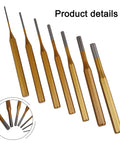 Solid Minhe 7 Piece Punch Set Includes Roll Pin And Chisel Tools Plus Marking Scribe For Watch Repair, Machinery Maintenance, DIY Jobs With Gold Alloy Steel Handle That Is Super Grip Friendly, 7-piece set