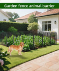 No Dig Tall Decorative Garden Fence With Double Lock 40 Inch High Panels 24 Foot Long Rustproof Metal Edging And Borders Outdoor Yard Fence Animal Barrier With Easy To Install Temporary Ground Stakes For Patio And Garden installed in yard with dog outside.