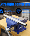 8 Inch Heavy Duty Bench Vise With 360 Degree Swivel Base And Anvil, Rugged Ductile Iron Build in blue finish on wooden table