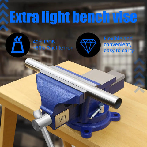 8 Inch Heavy Duty Bench Vise With 360 Degree Swivel Base And Anvil, Rugged Ductile Iron Build in blue finish on wooden table