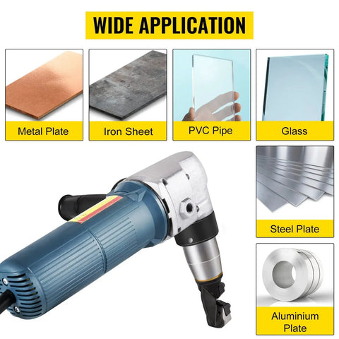 Heavy Duty 625w Electric Metal Nibbler Corded Shears For Stainless Steel And Aluminum Up To 4mm Thick Sheet Metal Cutter shown with various materials.