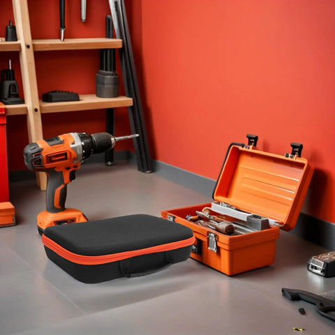 Rugged EVA Tool Storage Case for Drill Driver and Grinder with Window, mesh grid pockets, sturdy handle on job site floor.