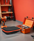 Go-To Electric Drill Storage Case with Oxford fabric, EVA padding, sturdy handle, and heavy-duty zipper on a shop floor.