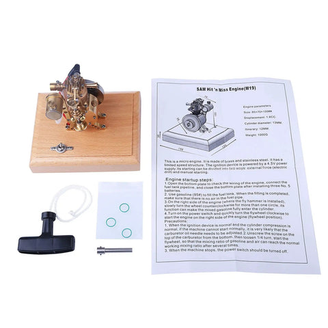 Mini 1.6cc Hit And Miss Four Stroke Gas Engine Model Kit With Visible Piston, Valves, And Flywheel, Authentic Vintage Engine Display For Education, STEM Toy For Adults, Hands-On Physics Experiment And Gift on wooden base with manual