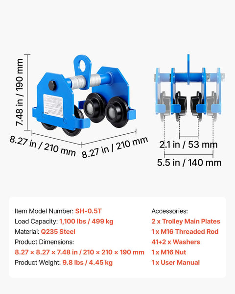 Heavy Duty Manual Trolley For I Beam With Adjustable Width 2.1 To 5.5 Inches And Dual Wheel Carriage Supports 1100 Lbs Capacity