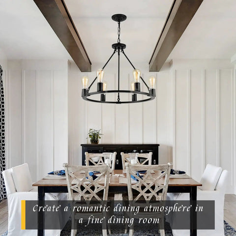 Black Wagon Wheel Chandelier, 6-Light Rustic Modern Farmhouse Pendant For Dining Room Over Table, 23.6 Inch Ceiling Light
