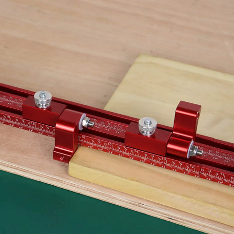 Close-up of Beefy Offset Base System With Parallel Guide For Woodworking, 59 Inch Outrigger Bar, and extension positioning rail bracket.