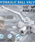 Front view of hydraulic ball valve, 1/2 in NPT, 3-way, high-pressure lever-operated metal body