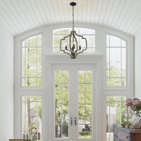 Atwood 23 Inch Four Light Farmhouse Pendant Light Chandelier With Open Design In Gray Oak Wood Finish And Sandblasted Black Finish