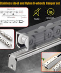 Heavy Duty Aluminum Sliding Barn Door Hardware Kit With Wall Or Ceiling Mount, 9ft Pocket Track For Single Or Double Doors, Easy Installation, Silver Finish, Smooth Quiet Operation, Modern Space Saver. Stainless steel and nylon 8-wheel hanger set with cutout dimensions