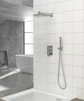 Wall Mounted Square Shower System with Adjustable Flow displaying brushed nickel finish, square rain shower head, and handheld shower.