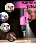 No Sweat Pink Cordless Drill 188 Piece Heavy Duty Tool Box For Women Home Repair Kit With Fast Charger in action screwing wood.