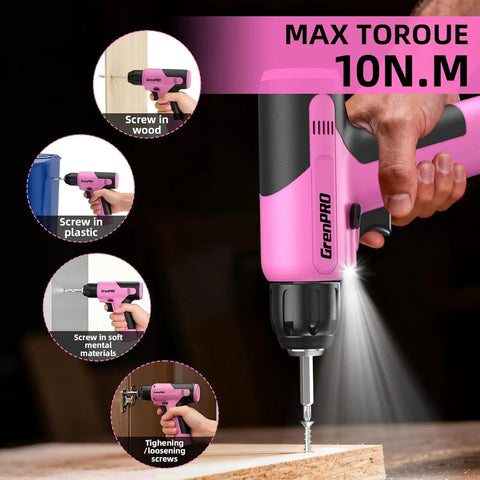 No Sweat Pink Cordless Drill 188 Piece Heavy Duty Tool Box For Women Home Repair Kit With Fast Charger in action screwing wood.