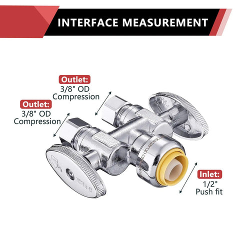 50-Piece Push-Fit One-Half Inch to Dual Three-Eighths Inch OD Compression Straight Stop Valve Set for Potable Water, One-Quarter Turn with Disconnect Clip Tool, Fits Copper PEX CPVC PE-RT, Lead-Free, Max 200 PSI. 1/2 in push-fit to 3/8 in OD outlets