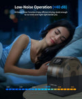 Woman sleeping beside Dual Spool Filament Dryer Box for 3D Printer, showcasing low-noise operation under 40 dB