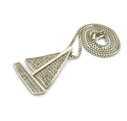 Iced Out Sailing Yacht Pendant Necklace With 24 Inch Chains In Silver Tone, Choose 2mm Box Chain, 3mm Cuban Chain, Or 2mm Rope Chain, 1.25 By 1.65 Inch Pendant, Imitation Silver Plated Fashion Jewelry