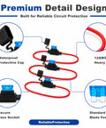 Premium design of Rig Ready And Street Trusted Four Pack Inline Fuse Holder Kit With 12AWG Harness featuring waterproof cap and blade fuses.