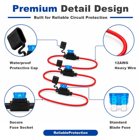 Premium design of Rig Ready And Street Trusted Four Pack Inline Fuse Holder Kit With 12AWG Harness featuring waterproof cap and blade fuses.
