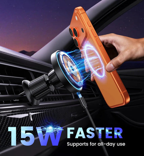3 In 1 Car Phone Mount Charger With 15W Wireless Fast Charge holding iPhone in car vent with LED light effect