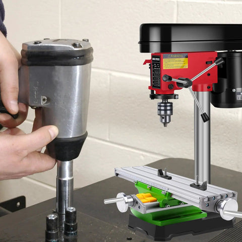 13 Inch Mini Milling Machine Work Table With Compound Slide For Drilling Press And Bench Drill Pro Grade X Y Adjustable Aluminum Alloy Dovetail Table Platform next to drill in use