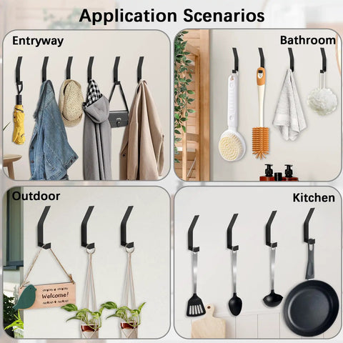 Application scenarios of Six Hooks Heavy Duty Wall Mount Coat Rack Set with black aluminum alloy hooks in various rooms