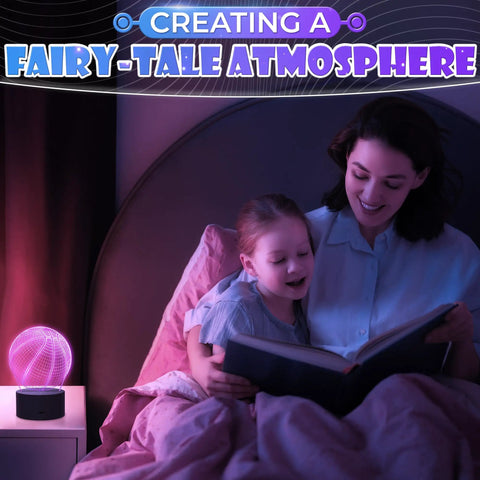 Mother and daughter reading in bed with lit basketball night light for kids room with 3D LED hoop lamp, creating a cozy atmosphere.