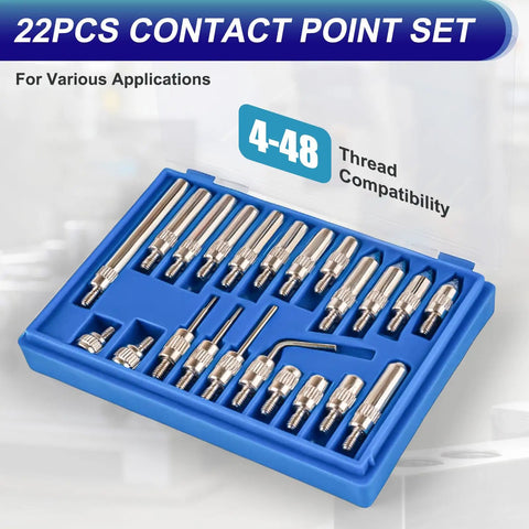22-piece contact point set with 4-48 thread compatibility, organized in a blue case suitable for various applications.