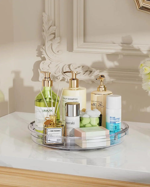 Clear Two Pack Rotating Lazy Susan Turntable For Kitchen Cabinets And Fridge Shelves Smooth Swivel Action, holding skincare products.