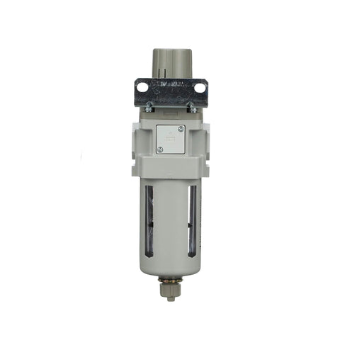 Front view of PneumaticPlus SAW400-N04BG air filter regulator piggyback with gray poly bowl, manual drain