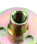 Close-up of Heavy Duty 3/8-16 Round Base T Nut showing carbon steel threading and round base for secure furniture builds.