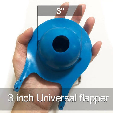 Hand holding Two Pack 3 Inch Toilet Flapper Replacement Kit with stainless chain and rubber seal, shown as 3 inch universal flapper.