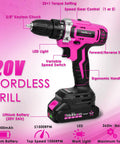 Pink 175 Piece 20V Cordless Drill Tool Set For Women with storage bag and LED light, ideal home repair kit showing torque and speed settings.