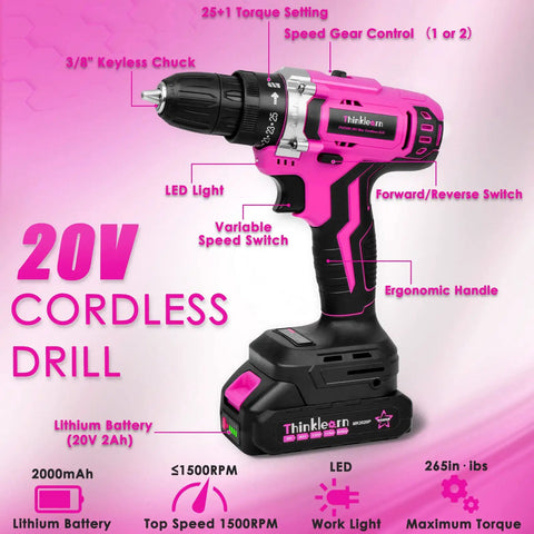 Pink 175 Piece 20V Cordless Drill Tool Set For Women with storage bag and LED light, ideal home repair kit showing torque and speed settings.