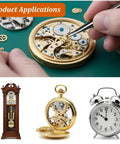 Brass Clock Hand Nut Set 12 Pcs Assortment for clock repairs with images of pocket watch mechanism and different clocks.