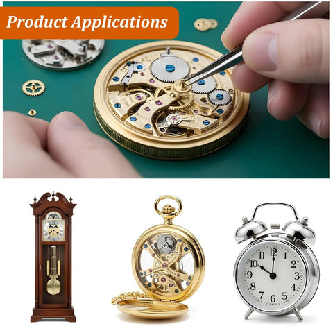 Brass Clock Hand Nut Set 12 Pcs Assortment for clock repairs with images of pocket watch mechanism and different clocks.