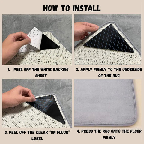 Installation steps for 16 Pack Non Slip Rug Tape For Hardwood Floors And Tiles Double Sided Reusable Gripper Pads.